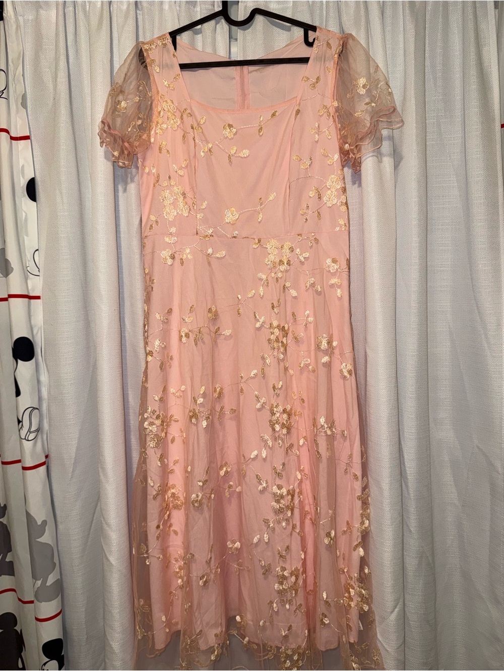 Pink Floral Embroidered Midi Dress